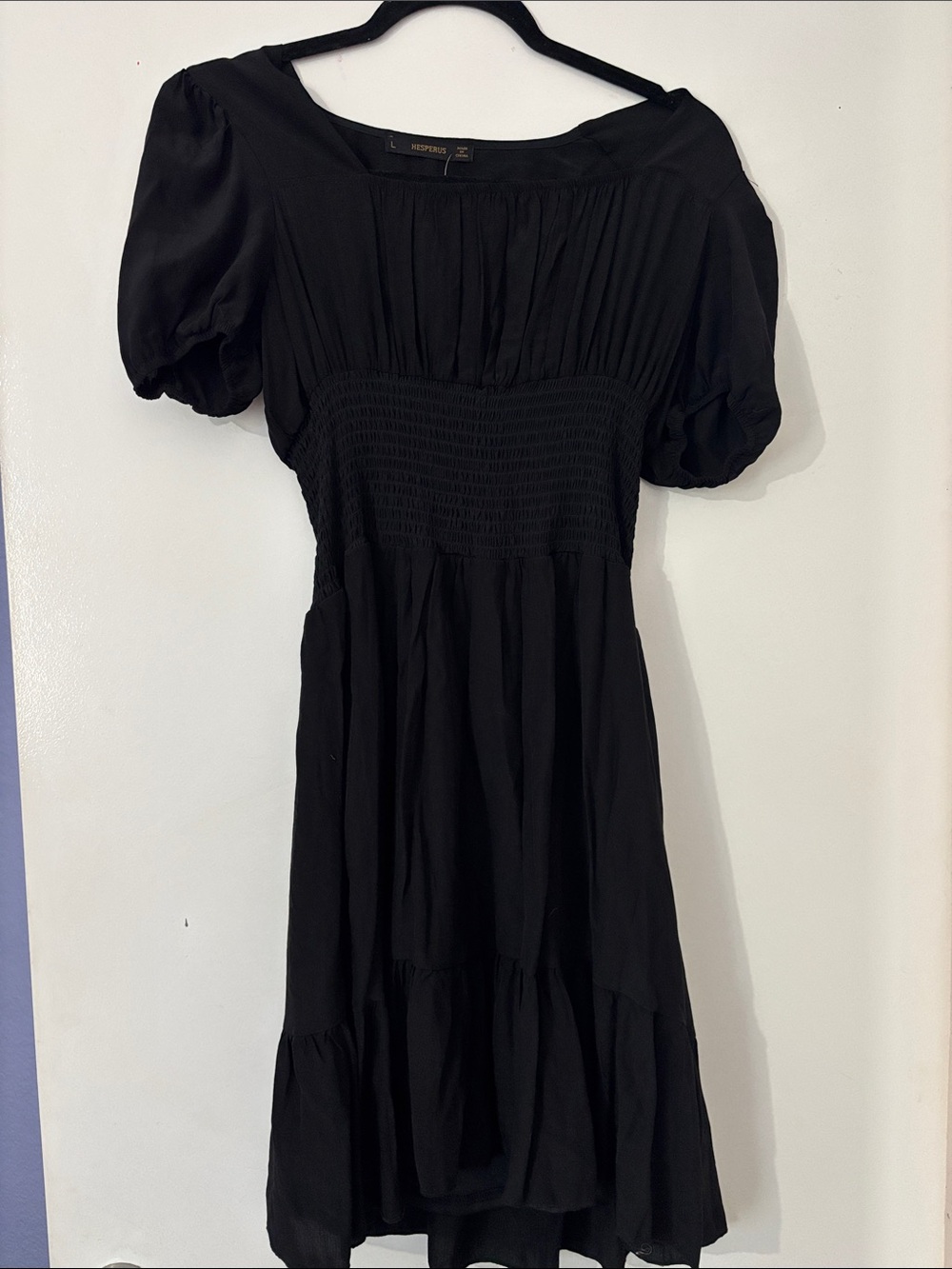 Black Smocked Midi Dress with Puff Sleeves